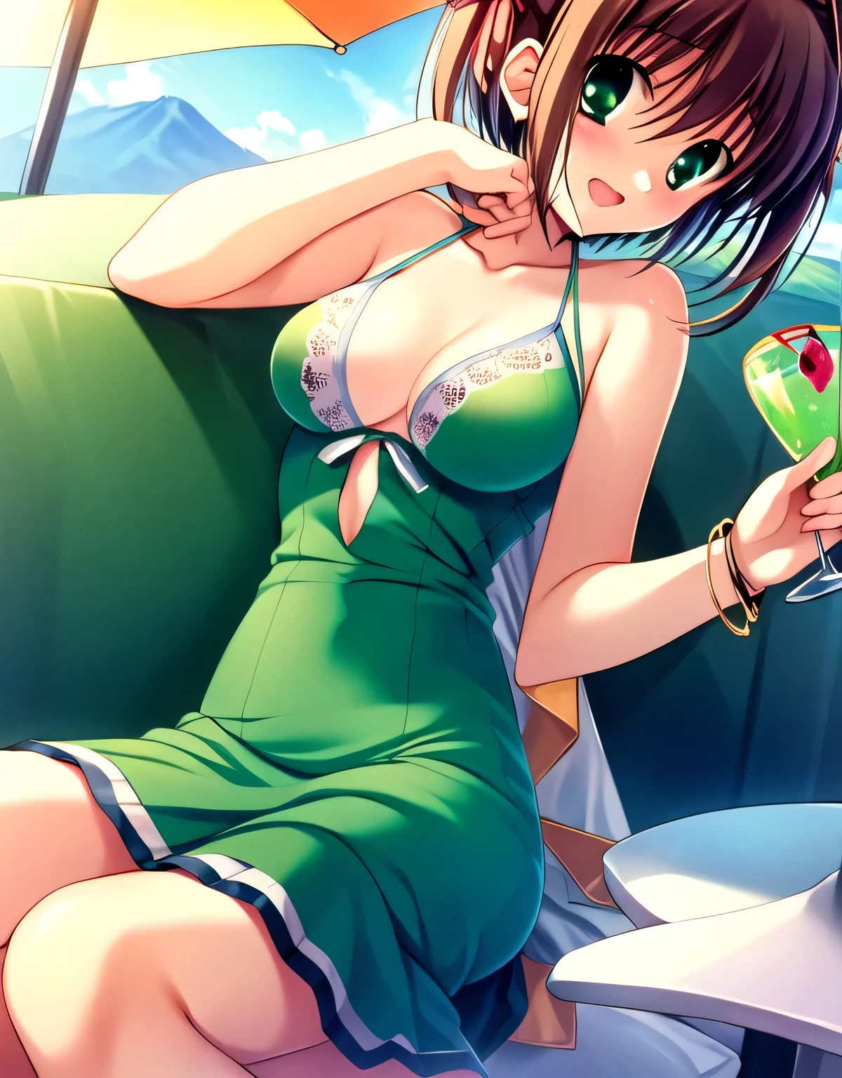 asakura_yume,Brown Hair,Medium Chest,Aqua Eye,White skin,(((In the bar))),((Sitting)),((Drinking alcoholic cocktails)),((Bust up shot)),(((((green_Summer Dresses))))),((valley)),No bra,smile,Open your mouth,