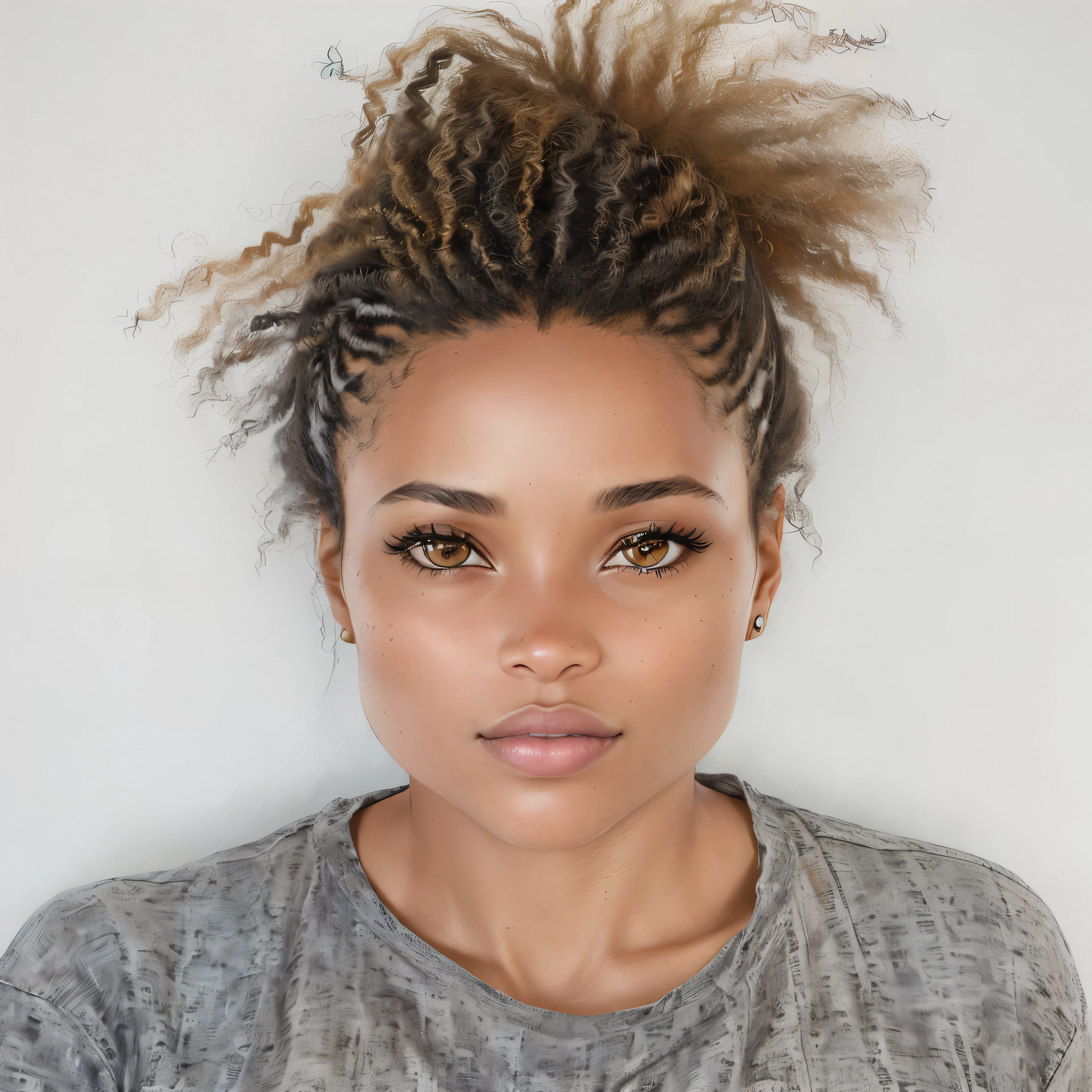 there is a woman with a messy hair and a gray shirt, large forehead, without makeup, mixed-race woman, full face portrait, real detailed face, photo of a black woman, 30-year-old french woman, 30-year-old woman from cuba, full face frontal centred, mixed race woman, malika favre