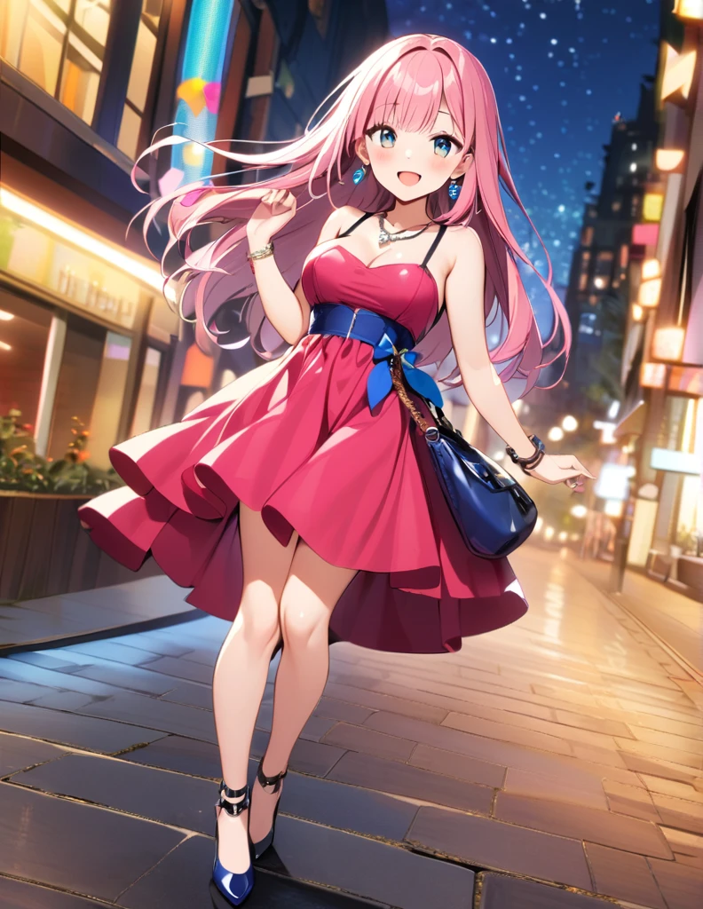 1 girl, open mouth, smile, pink hair, long hair, bangs, blush, sexy, medium breasts, blue fancy dress, necklace, earrings, bare shoulders, full body, bracelets, high heels, pocket bag, night, party background
