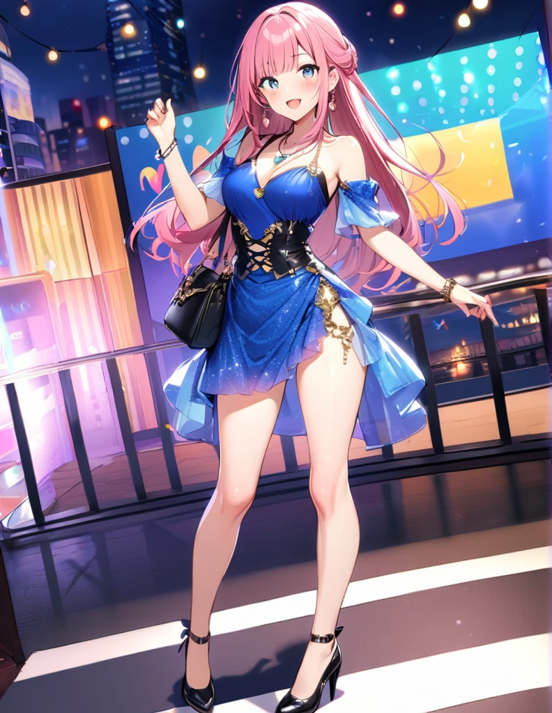 1 girl, open mouth, smile, pink hair, long hair, bangs, blush, sexy, medium breasts, blue fancy dress, necklace, earrings, bare shoulders, full body, bracelets, high heels, pocket bag, night, party background