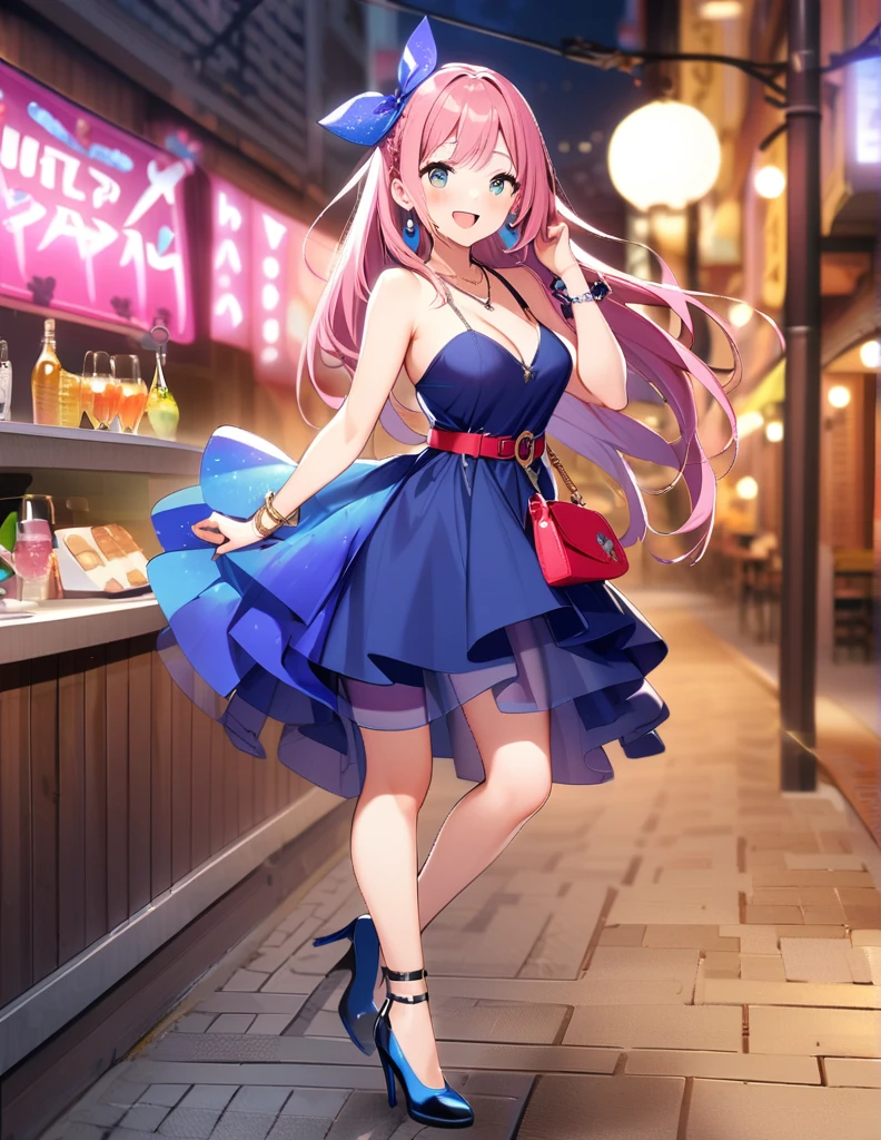 1 girl, open mouth, smile, pink hair, long hair, bangs, blush, sexy, medium breasts, blue fancy dress, necklace, earrings, bare shoulders, full body, bracelets, high heels, pocket bag, night, party background