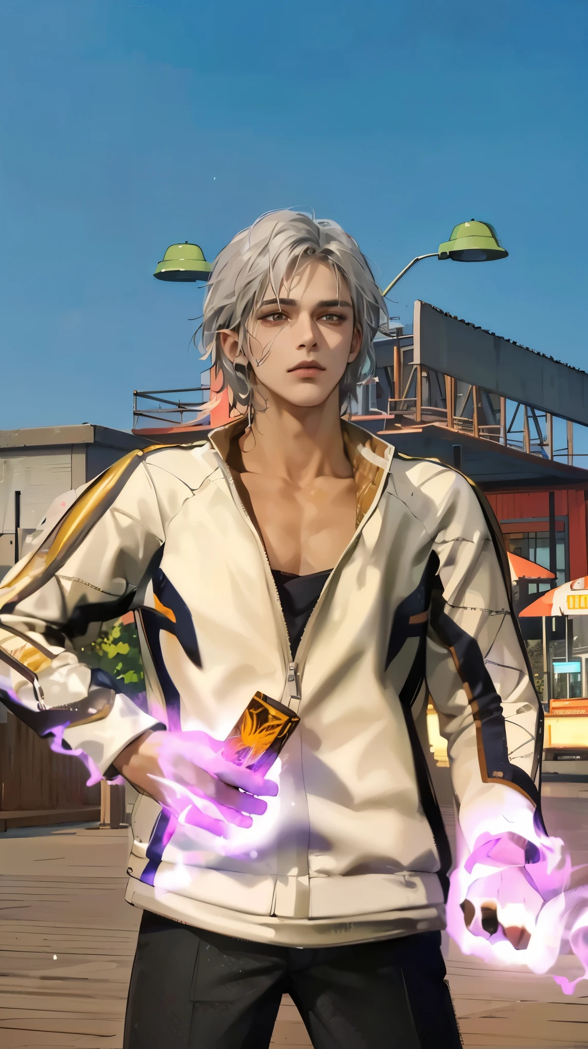 (best quality digital art digital illustration 4k high resolution beautiful image hyper-detailed image perfect lines soft lighting night environment smooth zoom perfect face) (1:1 photorealistic) (neutral colors hdr 1.4) (anime style) an adult 25 year old man (expressionless perfect detailed face) medium white hair modern clothes dystopia