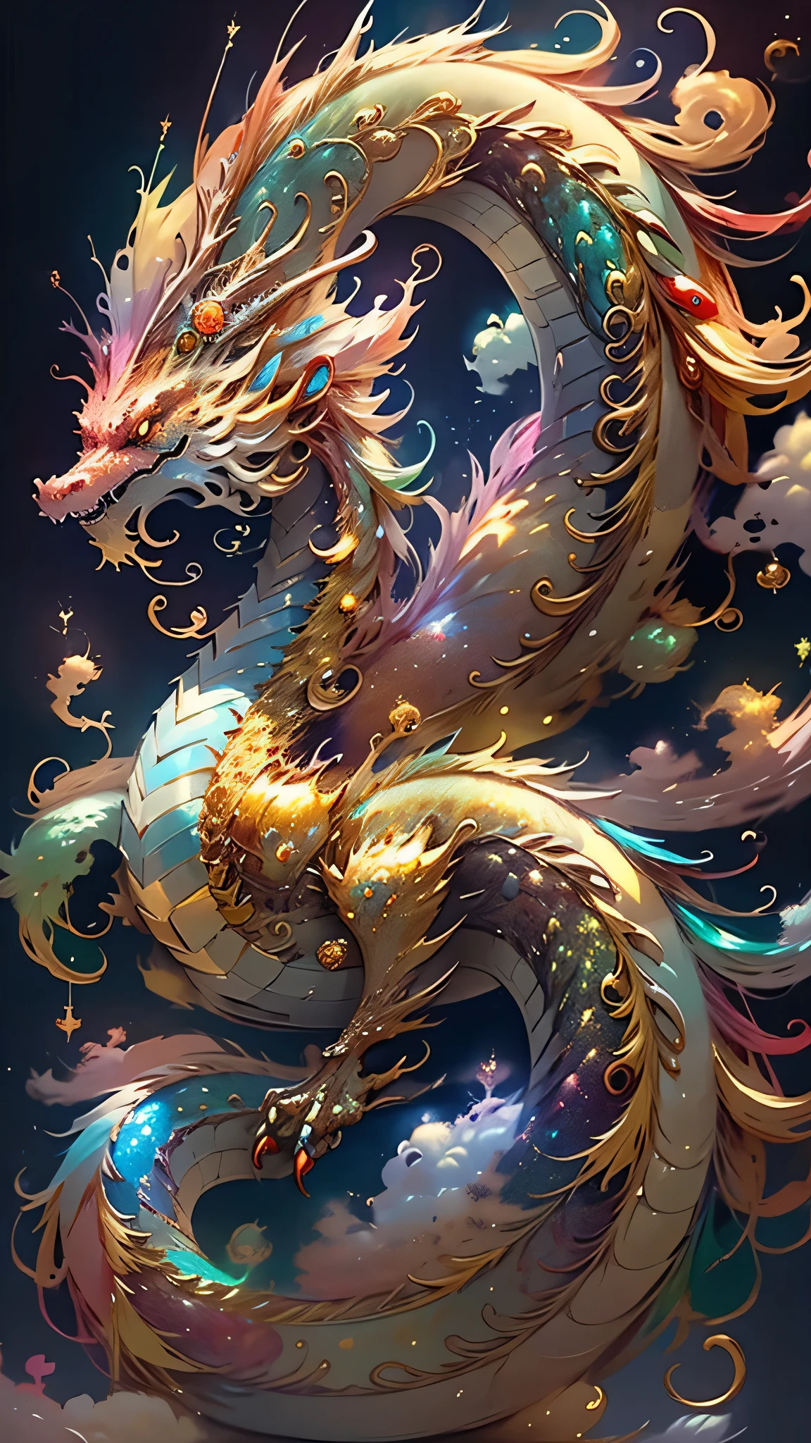 Golden Dragon。Rainbow glowing scales。The dragon god is coming。Golden Splash、milky way、god々々right、Staring straight ahead、Redbeard、9One head