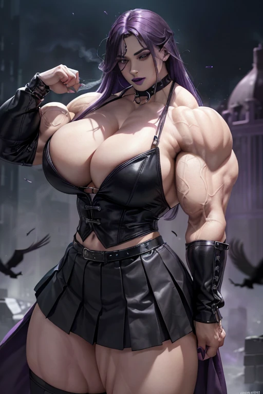((((Massive tall, beautiful, buff, pale white skinned muscular woman with violet purple hair, black lipstick, ginormous bulky muscles, surrounded by crows wearing an half button down black blouse with pleated skirt and leather coat)))), close view, massive muscle, massive biceps, hyper muscle shoulders, ((ginormous muscle arms)), hyper muscle triceps, (long hair with long bangs), black eyes, choker, pleated skirt, (chain belt), black coat, black boots, (fingerless gloves), (violet purple smoke surrounding the body), in a darken skyscraper office, ???? glare, night, hyper vascular arm, hyper muscles arms, hyper muscle legs, (ginormous arms).