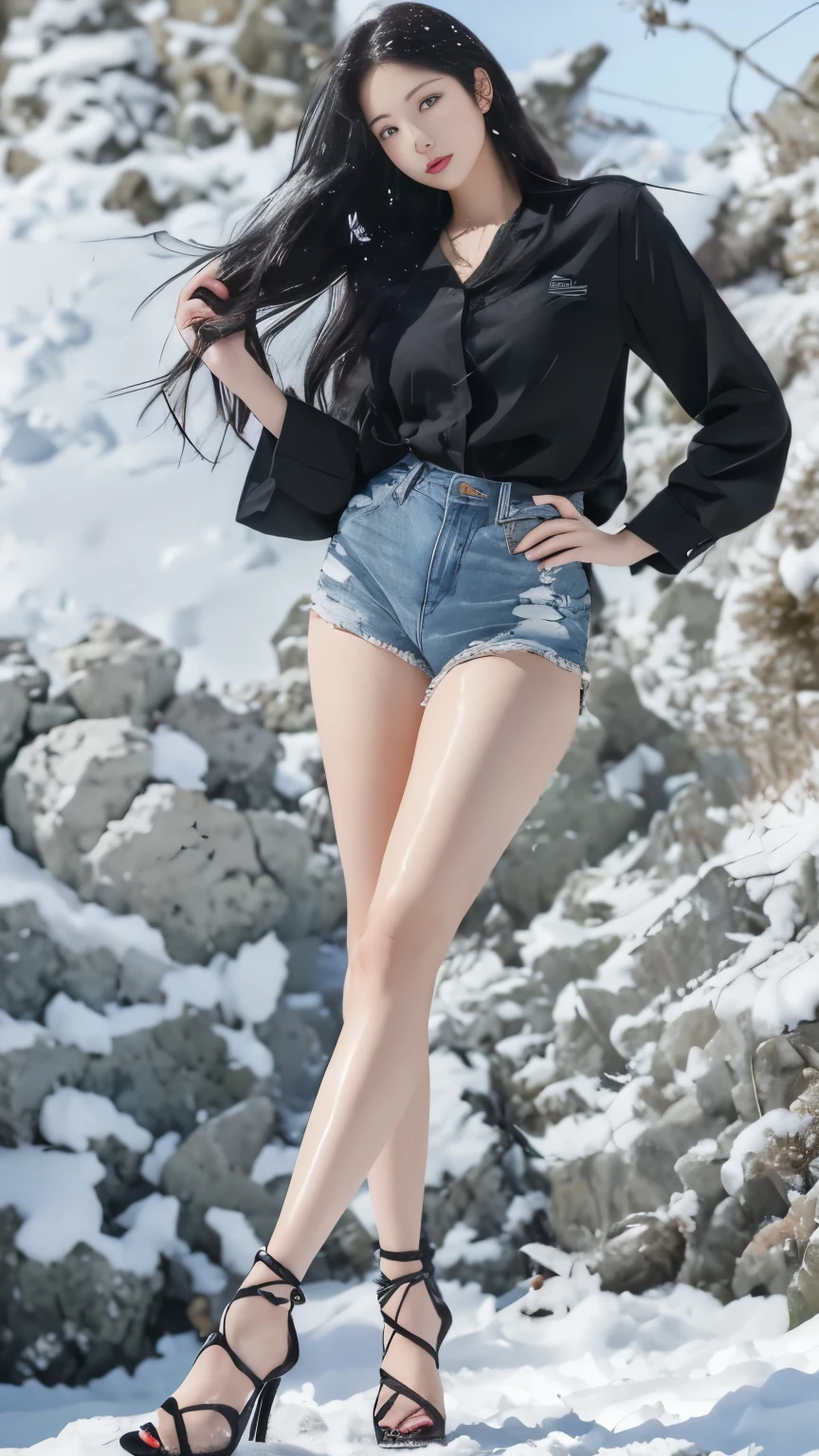 Full body portrait,Japanese women、Beautiful Face、double eyelid、Long black hair、voluminous hair、Black long sleeve shirt、Micro Shorts、Beautiful feet、Long legs、barefoot、black stiletto heelodel pose、Strong winds、the wind is strong、The wind messes up my hair、heavy snow、Snowstorm、Snowfall、Snow Mountain