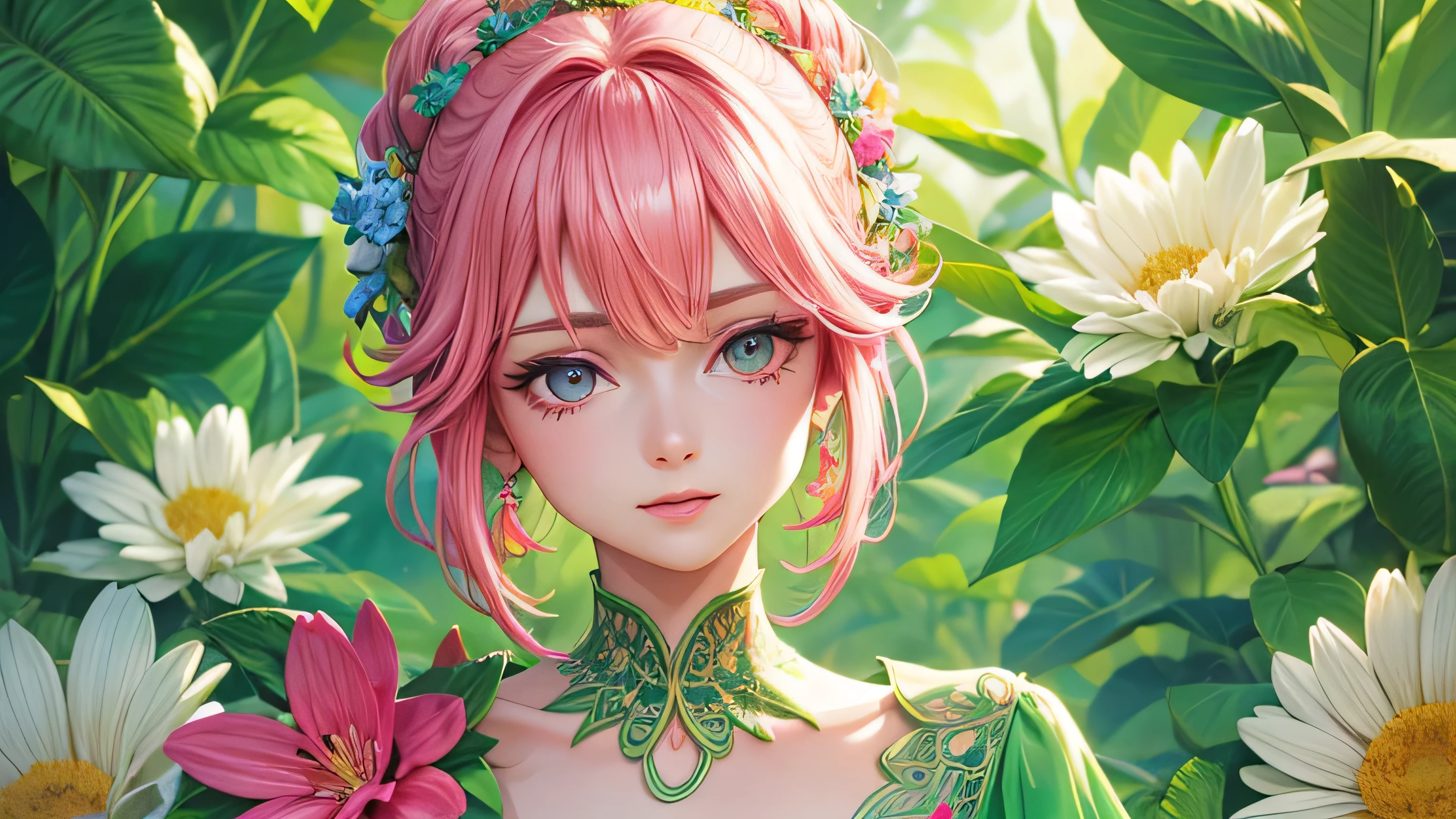 One woman　Bright pink and light green outfits　The design features flowers and young leaves.　Elegance and vibrancy　Perfect and detailed facial expression　Perfect and detailed eye depiction　Perfect and detailed hair　Perfectly detailed upper body　Perfect and detailed breast depiction　Perfect and detailed depiction of the chest T-shirt