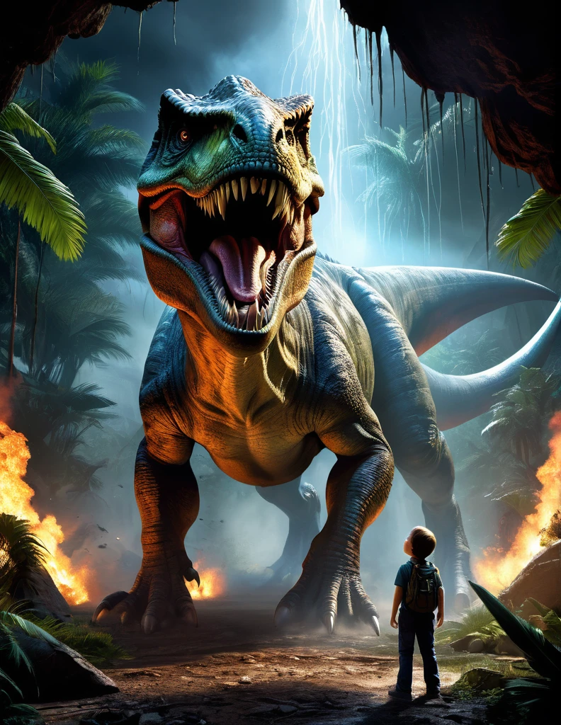 A hyper-realistic, ultra-detailed photograph by Hans Darias AI capturing a powerful connection between a fearsome Tyrannosaurus Rex and a brave young boy. The gigantic dinosaur is depicted as menacing, ((drooling and agitated)), with bright, fiery eyes and sweaty fur, while the boy, despite his fear, remains determined to approach and pet the massive creature. The scene is set under dramatic chiaroscuro lighting, further enhanced by high contrast and intricate details. The background showcases a chaotic prehistoric landscape, with a meteorite crashing into the lush environment, creating a firestorm in the sky. Hans Darias AI's signature is prominently displayed, highlighting his innovative use of artificial intelligence to create this captivating and imaginative vision. The bold neon white sign at the bottom "DON'T WORRY WE ARE SAFE"