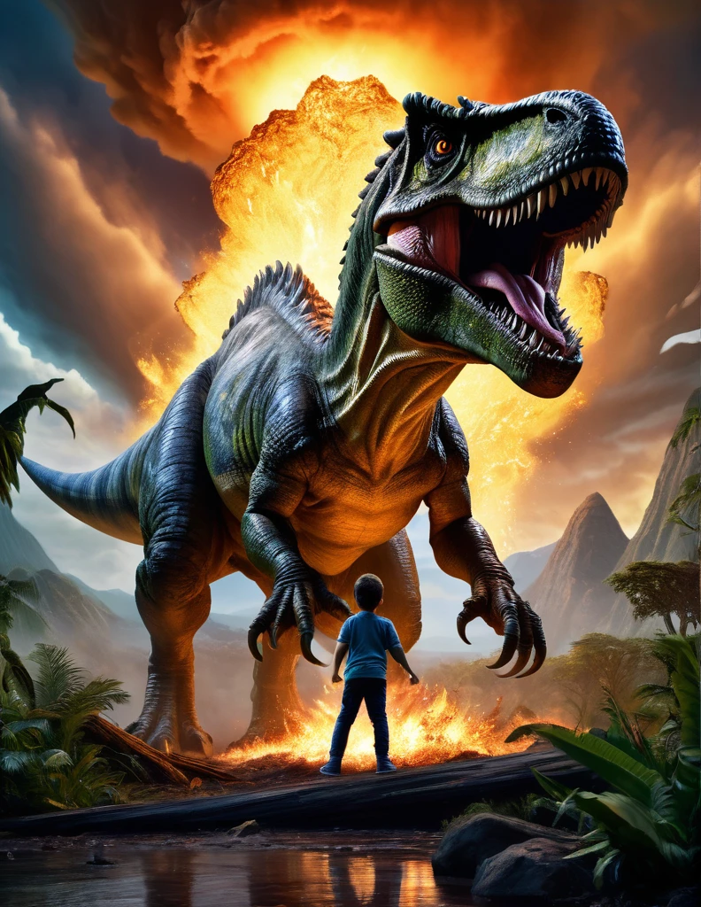 A hyper-realistic, ultra-detailed photograph by Hans Darias AI capturing a powerful connection between a fearsome Tyrannosaurus Rex and a brave young boy. The gigantic dinosaur is depicted as menacing, ((drooling and agitated)), with bright, fiery eyes and sweaty fur, while the boy, despite his fear, remains determined to approach and pet the massive creature. The scene is set under dramatic chiaroscuro lighting, further enhanced by high contrast and intricate details. The background showcases a chaotic prehistoric landscape, with a meteorite crashing into the lush environment, creating a firestorm in the sky. Hans Darias AI's signature is prominently displayed, highlighting his innovative use of artificial intelligence to create this captivating and imaginative vision. The bold neon white sign at the bottom "DON'T WORRY WE ARE SAFE"