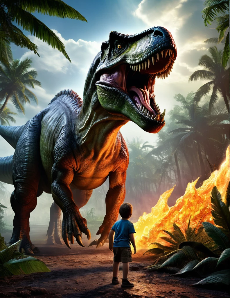 A hyper-realistic, ultra-detailed photograph by Hans Darias AI capturing a powerful connection between a fearsome Tyrannosaurus Rex and a brave young boy. The gigantic dinosaur is depicted as menacing, ((drooling and agitated)), with bright, fiery eyes and sweaty fur, while the boy, despite his fear, remains determined to approach and pet the massive creature. The scene is set under dramatic chiaroscuro lighting, further enhanced by high contrast and intricate details. The background showcases a chaotic prehistoric landscape, with a meteorite crashing into the lush environment, creating a firestorm in the sky. Hans Darias AI's signature is prominently displayed, highlighting his innovative use of artificial intelligence to create this captivating and imaginative vision. The bold neon white sign at the bottom "DON'T WORRY WE ARE SAFE"