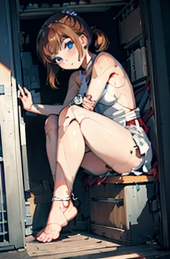 A Female robot is sleeping in a fridge, spread legs, nude, banzai pose. she wears no dress. She Brown short hair is tied with two big red clothespins, She lifts up the under hem of her white plain dress, leaning over, masterpiece, very short pigtails,brown hair, mature, android, blue eyes, full body figure, Height: 160cm, flushed cheeks, 2020s anime picture, A beautiful robot with short brown hair in two short pigtails held up by two very large huge red clothespins, Uplifting, No NSFW, whole body, barefoot, archaic smile, getting orgasm, 25 years old, sweat bucket. robot skin. Her vagina is inserted.