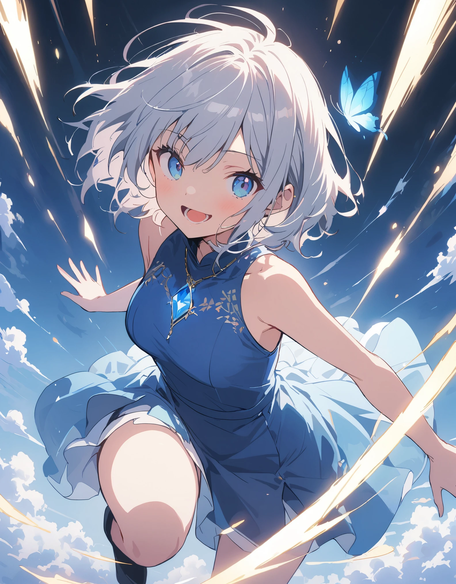 1 girl, Blue Eyes, Shift dress, Blue clothes, Gray Hair,Blue butterfly flying,Laugh with pleasure、 Remand, Particles of light, gem, Sleeveless, Exposing shoulders, With bangs,Beautiful Eyes, detailedな背景,(highest quality、masterpiece、High resolution、detailed)、animeスタイル、Flat Style、(eyes shining iridescent colors illuminated light,、detailed美しい顔), BREAK,extremely detailed、Slashing Effects、cool、Full Body、Dynamic Angle、anime