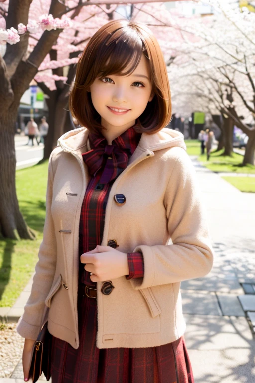 1girl,  coat, hood, jacket, duffle coat, lips, lipstick, plaid, plaid_skirt, realistic, skirt, solo, standing, best quality, photorealistic, masterpiece, 8k, high res, solo,  (((woman))), (medium breast), ((looking at the viewer)), (looking at the camera), (short hair), (professional lighting, bokeh),top angle view, extremely detailed face,  fashionable and trendy atmosphere, japan, street, park, sakura, ((daytime)), (portrait:0.6), seductive smile,  gorgeous, floating hair, (light particles, lens flare, glowing particles:0.6), (dynamic pose:1.2), soft lighting, brown hair,  full body, narrow face,whole body