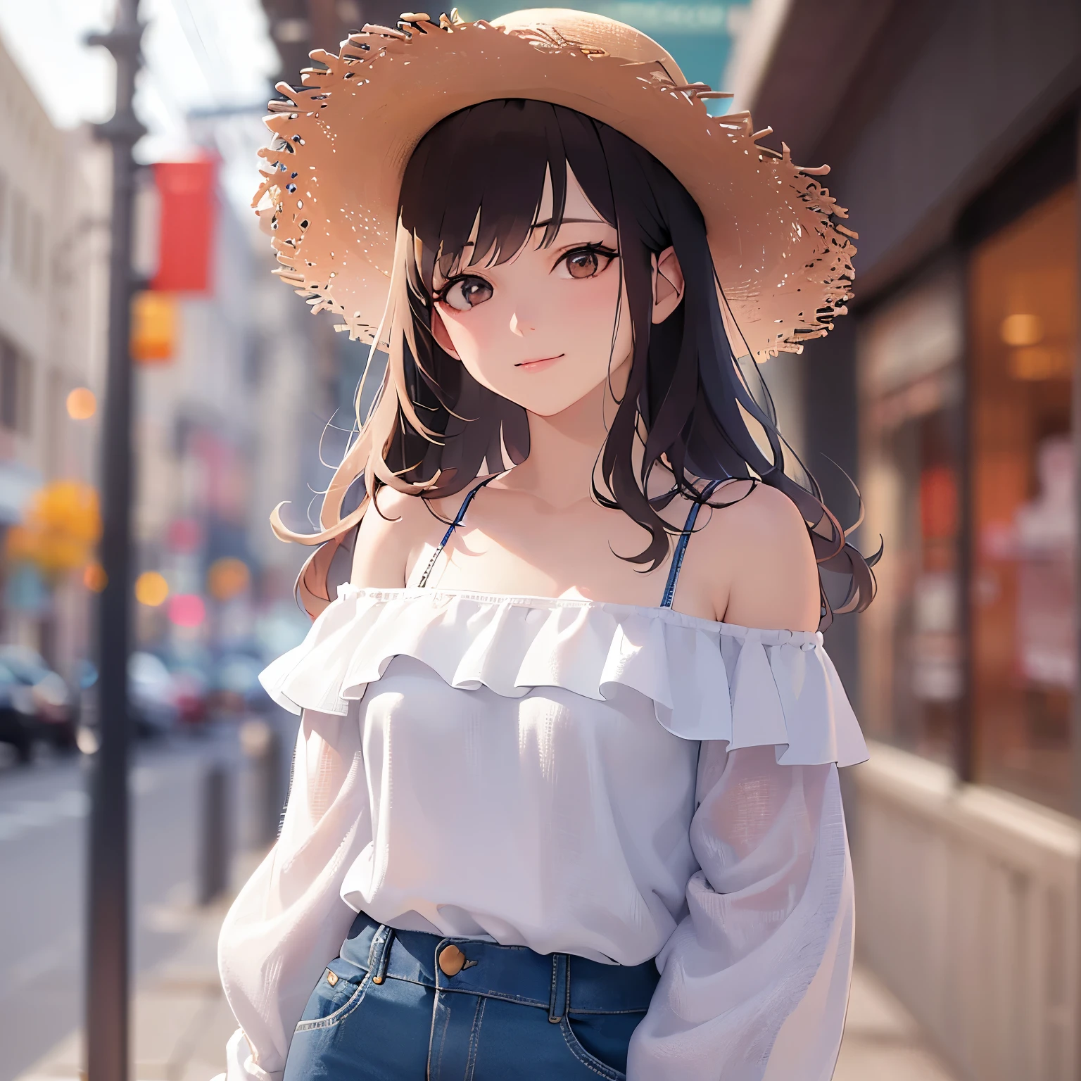 Upper Body, Realistic, real person, (pale skin: 1.2), RAW photo, photorealistic, portrait photography, shiny skin, shiny hair、(A 25-year-old woman with medium-length hair and bangs) and (wavy hair) and (brown hair) and (orange eyes) ,White off-shoulder blouse、Straw hat、smile, The background is a clothing store、Alone、Are standing