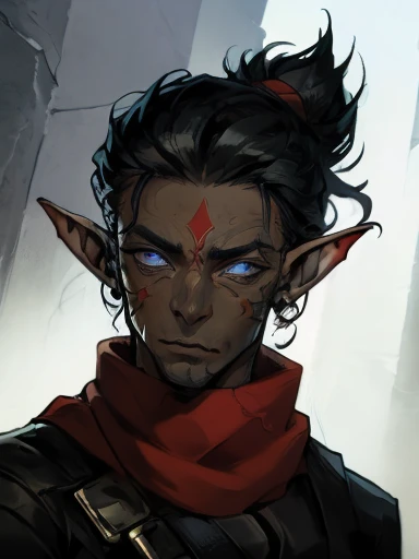 Concept ART, Human Male Young ager , pointer Elf ears,face Tattoo , blue pupils  ,Black hair , red Torn Scarf , Bandage ,Ancient dark magic , Handsome guy ,Pose 