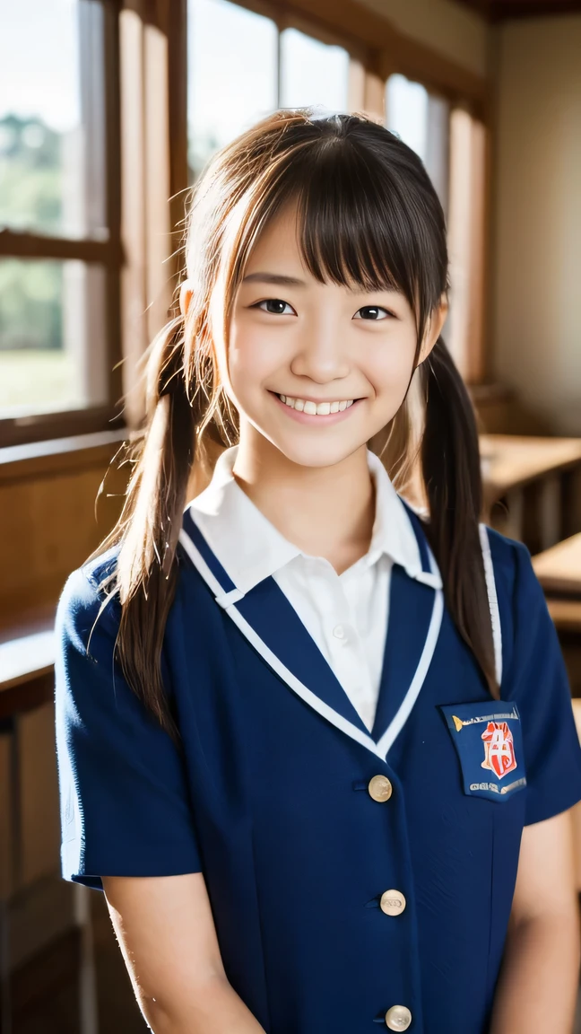 Lens 135mm f1.8, (highest quality),(RAW photo), , (Beautiful 15 year old Japanese girl), cute face, (deeply carved face:0.7), (freckles:0.6), dappled sunlight, dramatic lighting, (japanese school uniform), (inside the school in the classroom), shy, twintails, (cowboy shots of:1.2), (embarrassed smile),, (sparkling eyes)、, (Arms at sides),