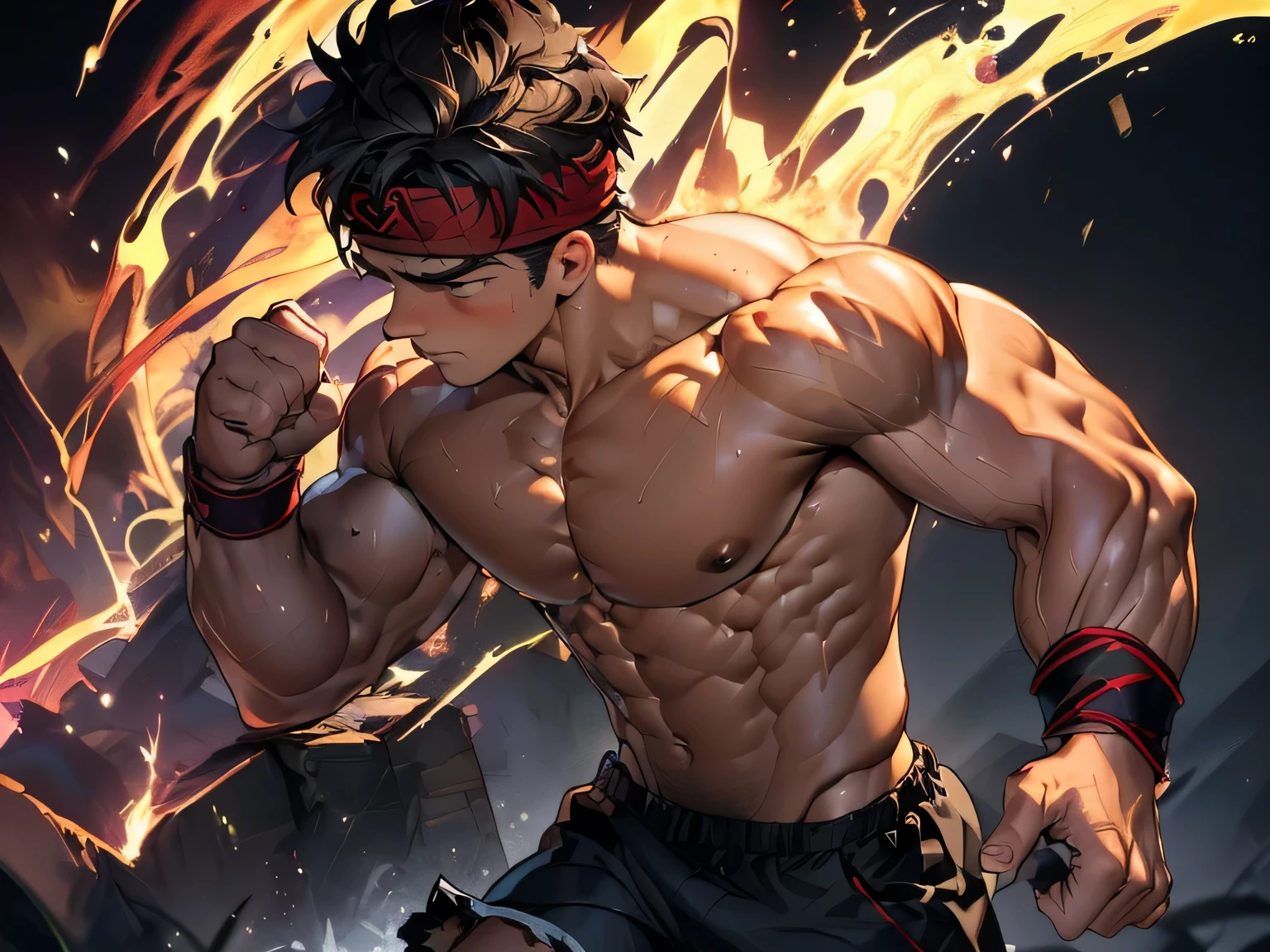 (Masterpiece, Best quality 19 year old boy, black background, bust shot, shoot from side, looking away), solo, Young, boy, muscler, Shirtless, topless, (Dark Short straight hair, under cut, brown eyes), (torn clothes, red headband, ((black wristband))), Vivid colors, (hot Abs:1.2, abs!, big abs, big breast:1.2, chest!, muscler upper arms), (topless male), muscler!, muscler, muscler body, (aura power:1.4), detailed face, detailed muscle, (((A magical mystical aura, rippling muscles, fighting pose, running)))