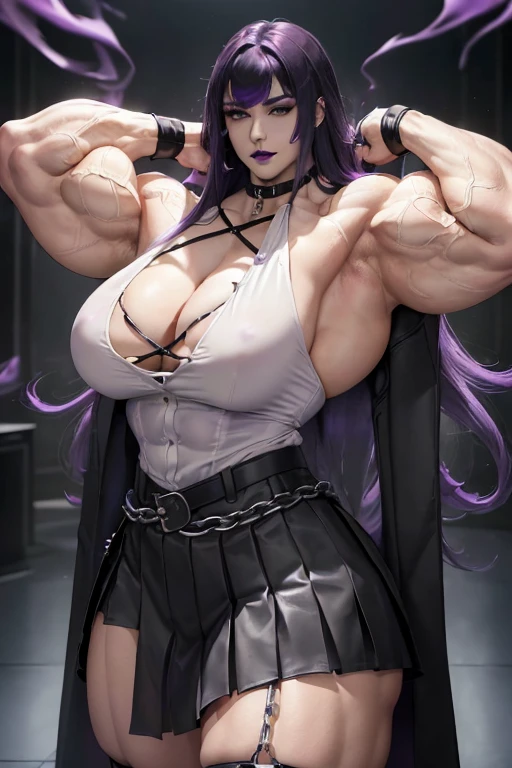 ((((Massive tall, beautiful, buff, pale white skinned muscular woman with violet purple hair, black lipstick, ginormous bulky muscles, flexing massive bulging biceps wearing an half button down black blouse with pleated skirt and leather coat)))), close view, massive muscle, massive biceps, hyper muscle shoulders, ((ginormous muscle arms)), hyper muscle triceps, (long hair with long bangs), black eyes, choker, pleated skirt, (chain belt), black coat, black boots, (fingerless gloves), (violet purple smoke surrounding the body), in a darken skyscraper office, sexy glare, night, hyper vascular arm, hyper muscles arms, hyper muscle legs, (ginormous arms).