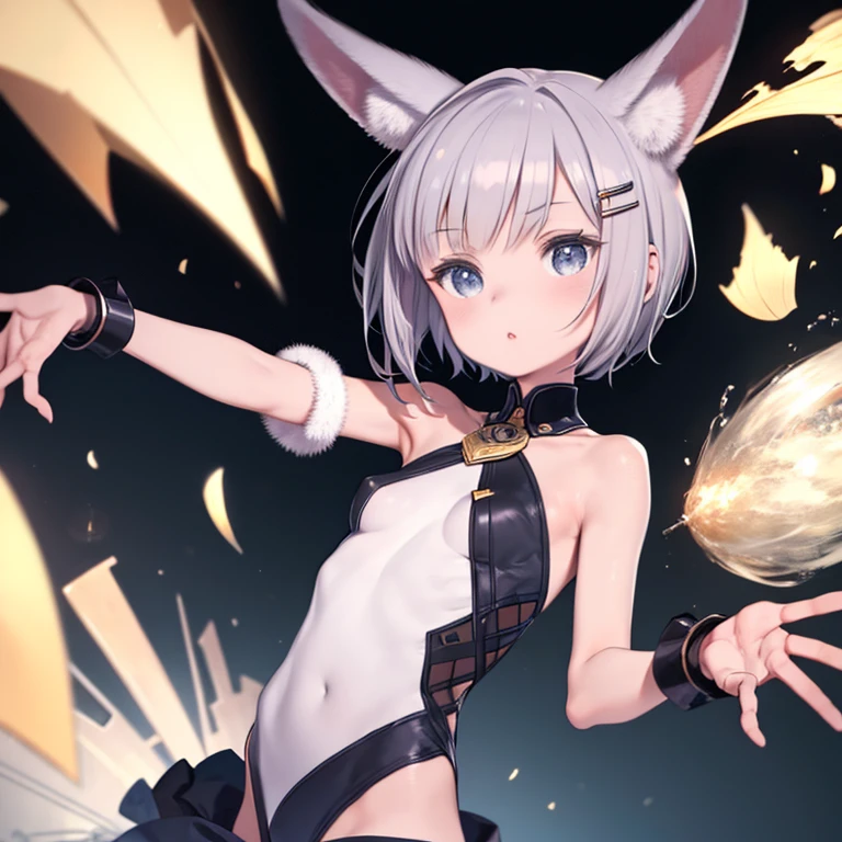 "(A perfect masterpiece:1.2), (highest quality:1.2), A stunning face, Compensate, Long and luxurious eyelashes, Lip, Irresistible charisma.",belly button,(((girl like boy))),(((Very short hair))),腹logic,Raised arms,Browsing Caution,(((logic))),White leotard,Bunny girl,Hair Clip,wallpaper,Gray Hair,Small breasts,Pixie Cut,Bunny ears,amount,amount