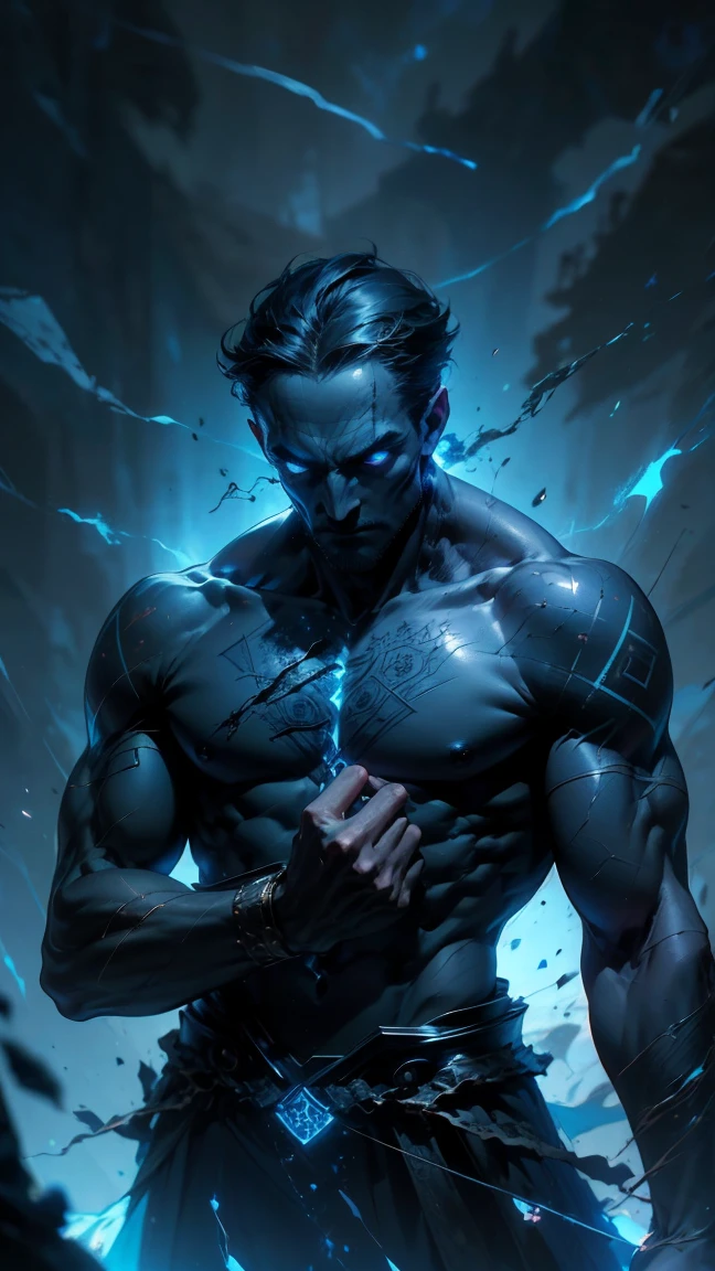 (masterpiece, realistic, best quality, (beautiful and aesthetic:1.4), extremely detailed), (dark fantasy:1.4) (rough male dark mage, (35 years old), short blond hair, unshaved, blue eyes),( (arms covered by incarnate runic pattern tattoo:1.3)), (glowing runes:1.4), covered in scars, sleeveless, ((demonized hand, detailed glowing eyes, casting spell)), (in underworld, hell, dark scene), standing in dark shadow, dynamic pose, (dark blue theme:1.3), (blue energy magic swirling around:1.3), cinematic lighting, r1ge, GlowingRunes_paleblue, dark blue glow, cracks, glowing cracks, cracked skin, shattered skin, fractured skin, broken skin, detailed face, (detailed weathered skin), (solo:1.3), (1male:1.4), (elegant, intricate, digital photography, high quality, CG, 4k, extremely detailed, sharp, HDR),