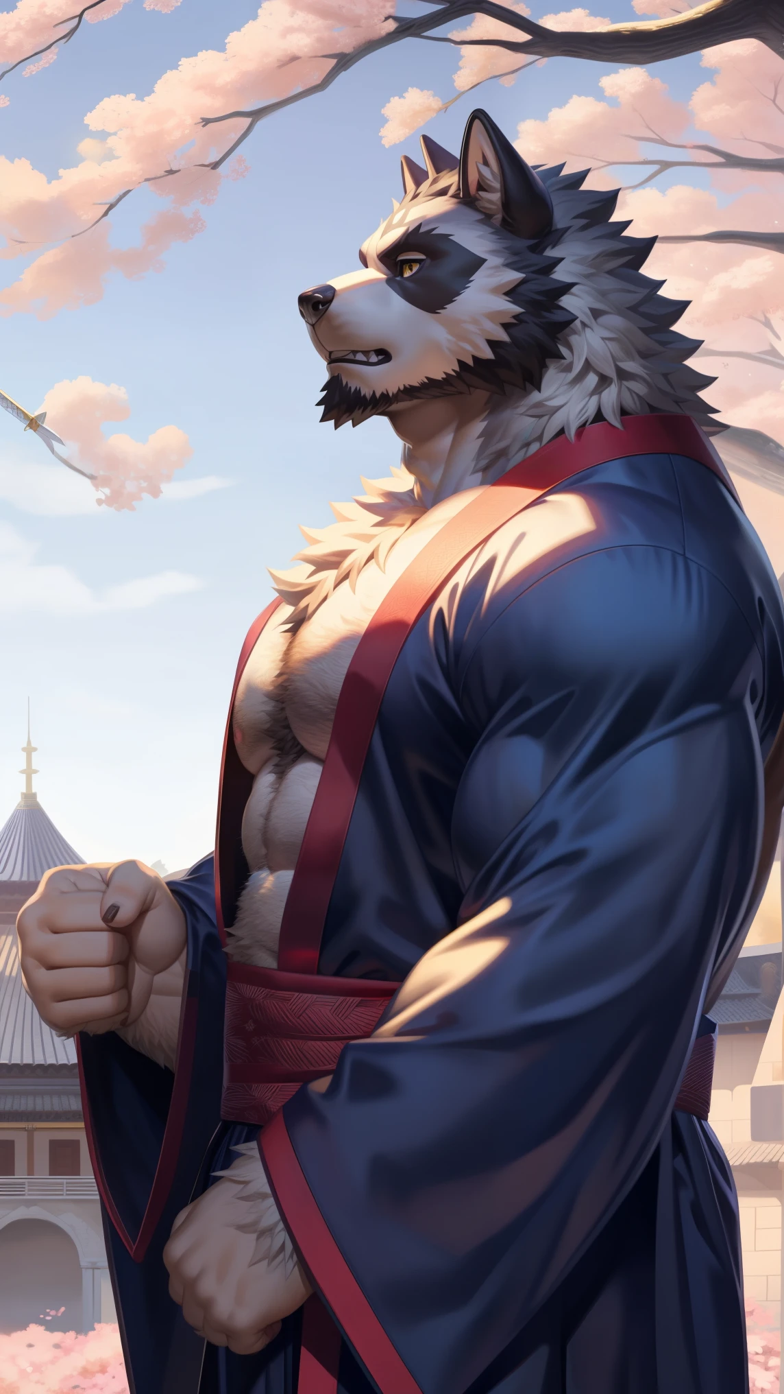 Solitary, anthropology, hairy, hairy male, Wolf, ((Fluffy fur, Fluffy, hairy body)), (Wolf印), (black beard), middle aged, Gray body, White belly, muscular, White, Big muscles, Yellow eyes, Tail, deTailed teeth, deTailed face, Fundos,((Open it) Black Kimono),(Sword at waist):1.3, warrior, warrior刀, Japanese sword, deTailed Fluffy fur, deTailed face, Fantasy Castle Venue, look up to the sky, majestic, barbarous, confident, Strong, Cherry blossoms, Cherry blossoms 花朵 叶子, (through empty ghost, From raccoon21, masterpiece, high quality, high resolution,8k), permanent,Close-up portraits, outdoor, Dynamic poses, Looking at the audience, side view, fist