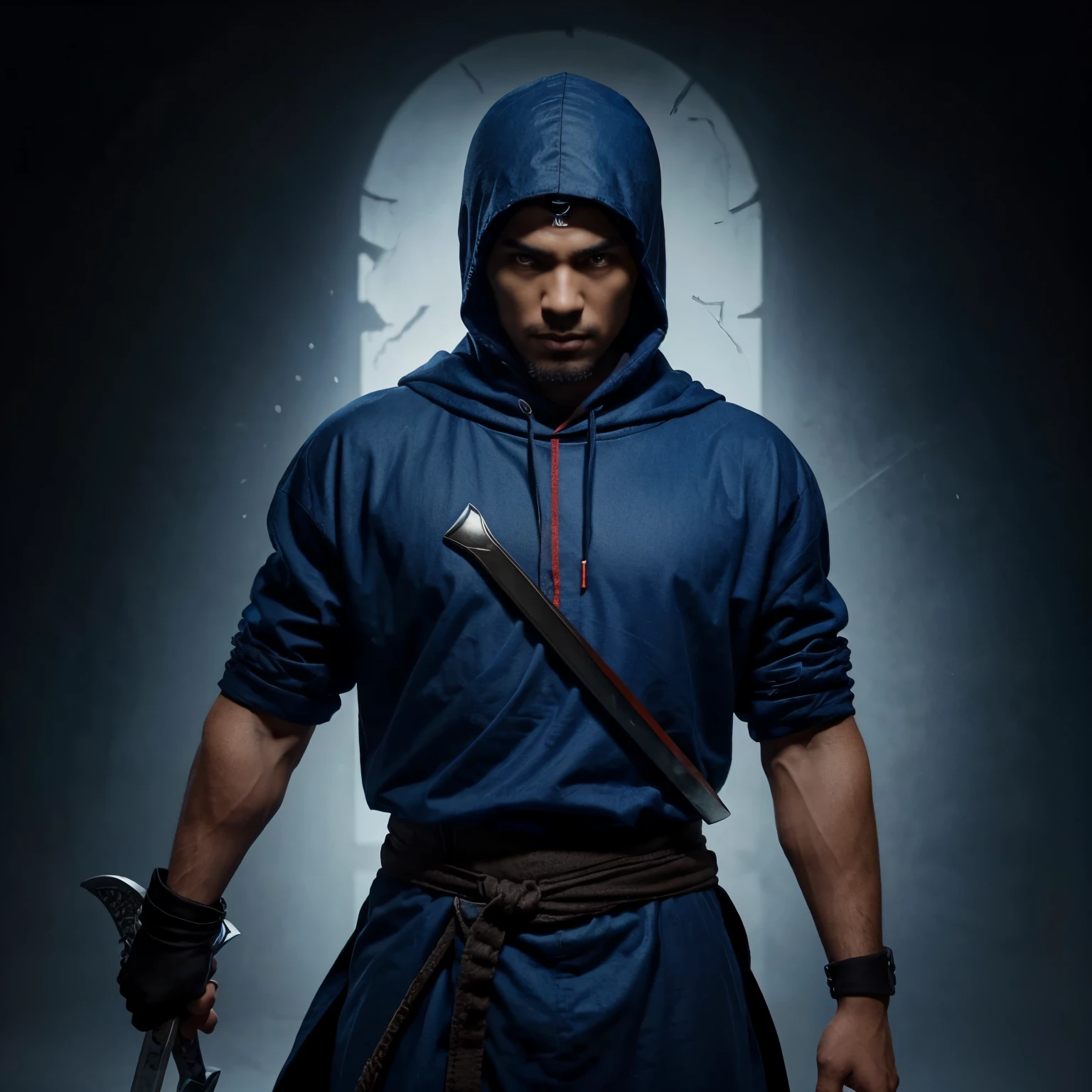 A yt channel logo in which it shows a ninj a standing while folding his arms and showing half of his body while wearing a hood on top of his head and a sword on his back his right part of clothes would be blue and left red