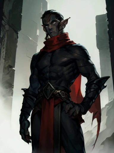 Concept ART, Human Male r , pointer Elf ears,face Tattoo , blue pupils  ,Black hair , red Torn Scarf , Bandage ,Ancient dark magic , Handsome guy , poses