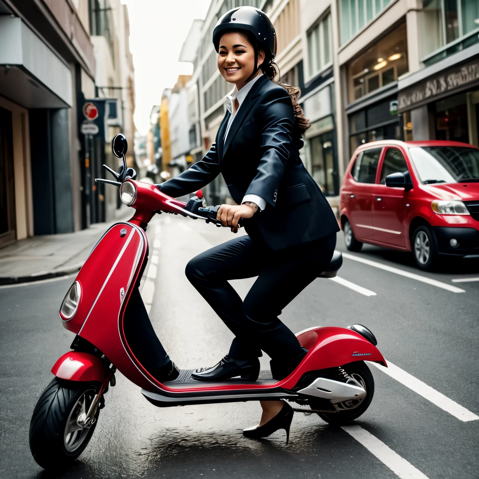 A sexy business suited midget woman riding a scooter through the streets