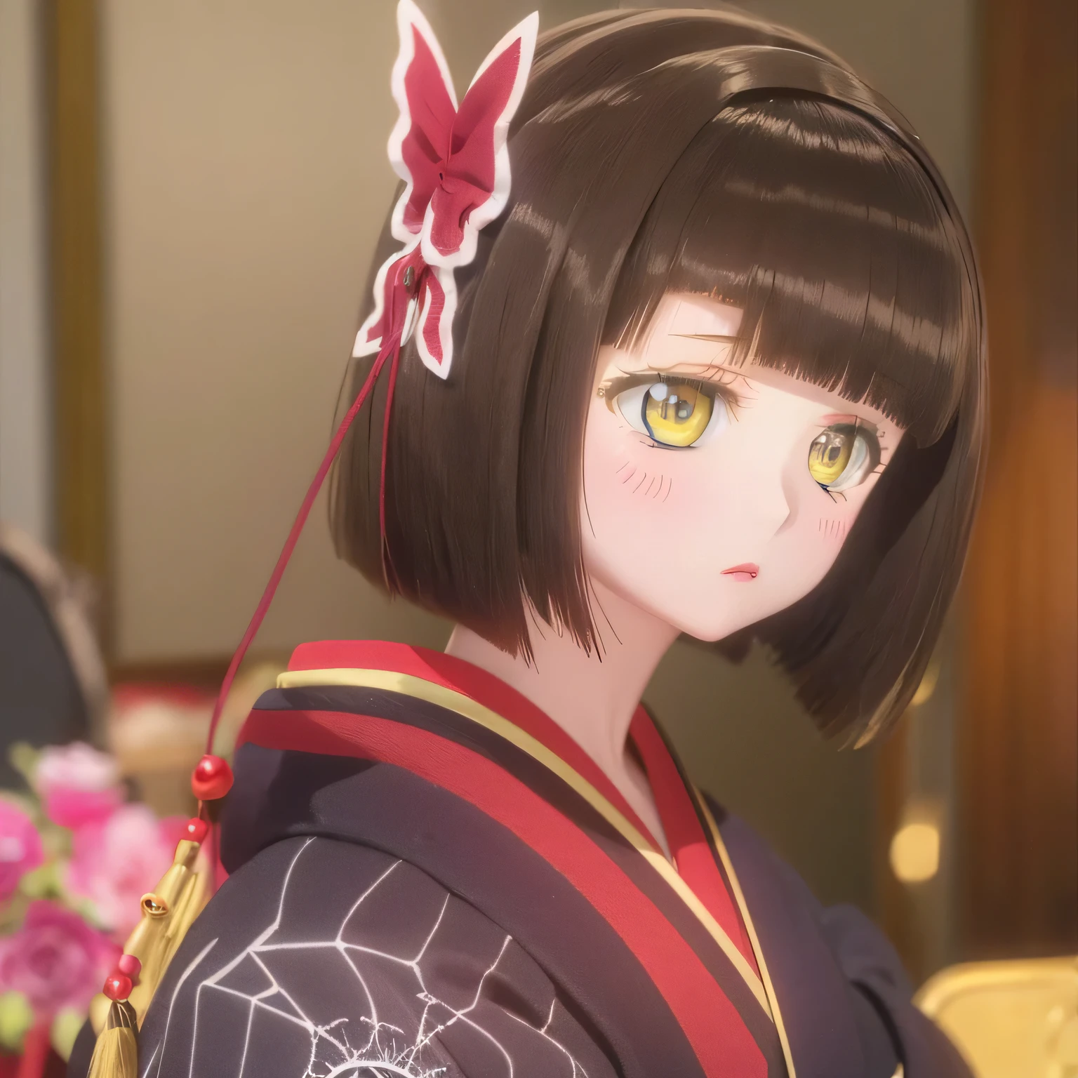 (best quality,highres,masterpiece:1.2),ultra-detailed,realistic,(Mio wearing a kimono,beautiful detailed eyes,beautiful detailed lips,extremely detailed eyes and face,longeyelashes),traditional Japanese,geisha,hairpin,delicate embroidery,flower pattern,flowing sleeves,harmonious colors,soft lighting