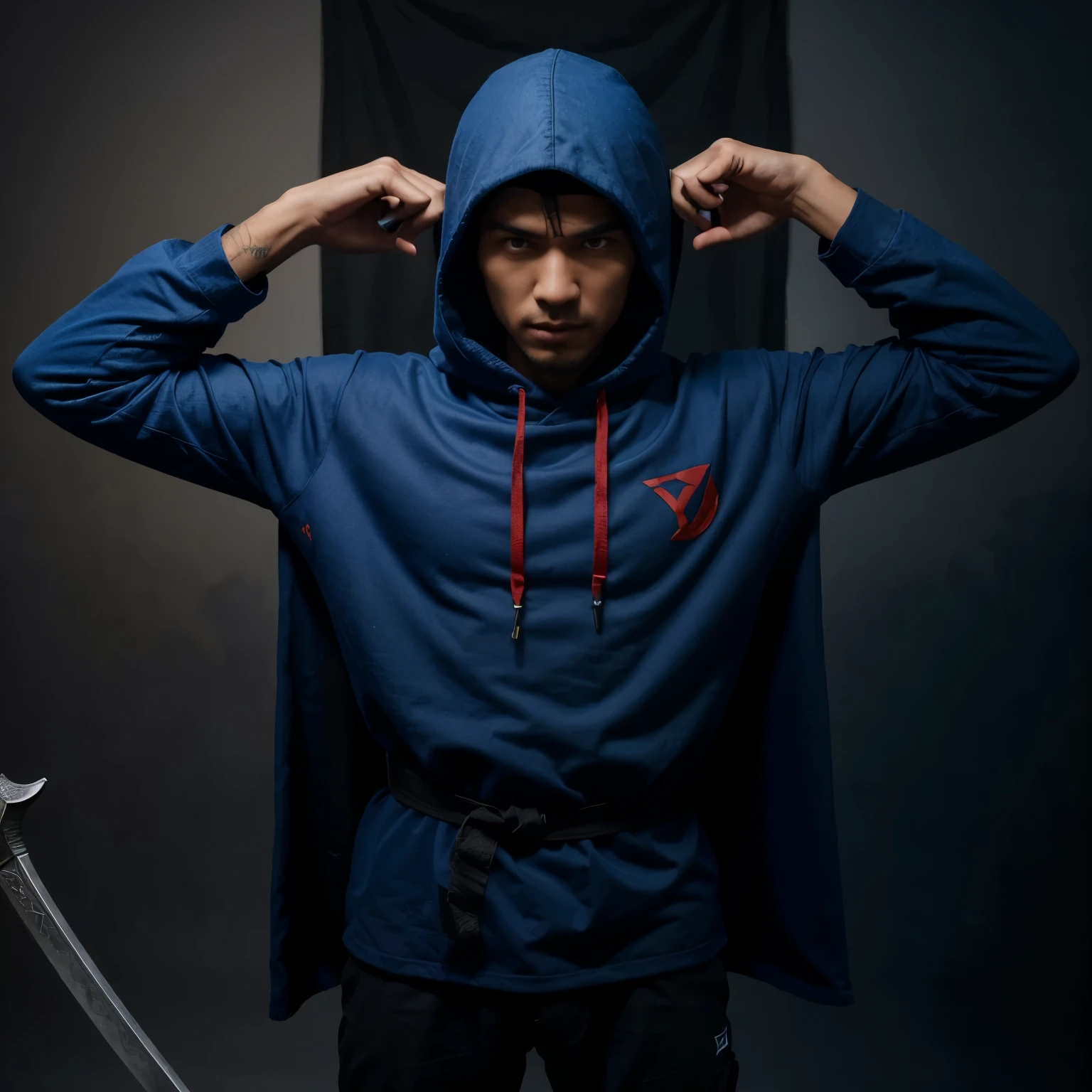 A yt channel logo in which it shows a ninj a standing while folding his arms and showing half of his body while wearing a hood on top of his head and a sword on his back his right part of clothes would be blue and left red