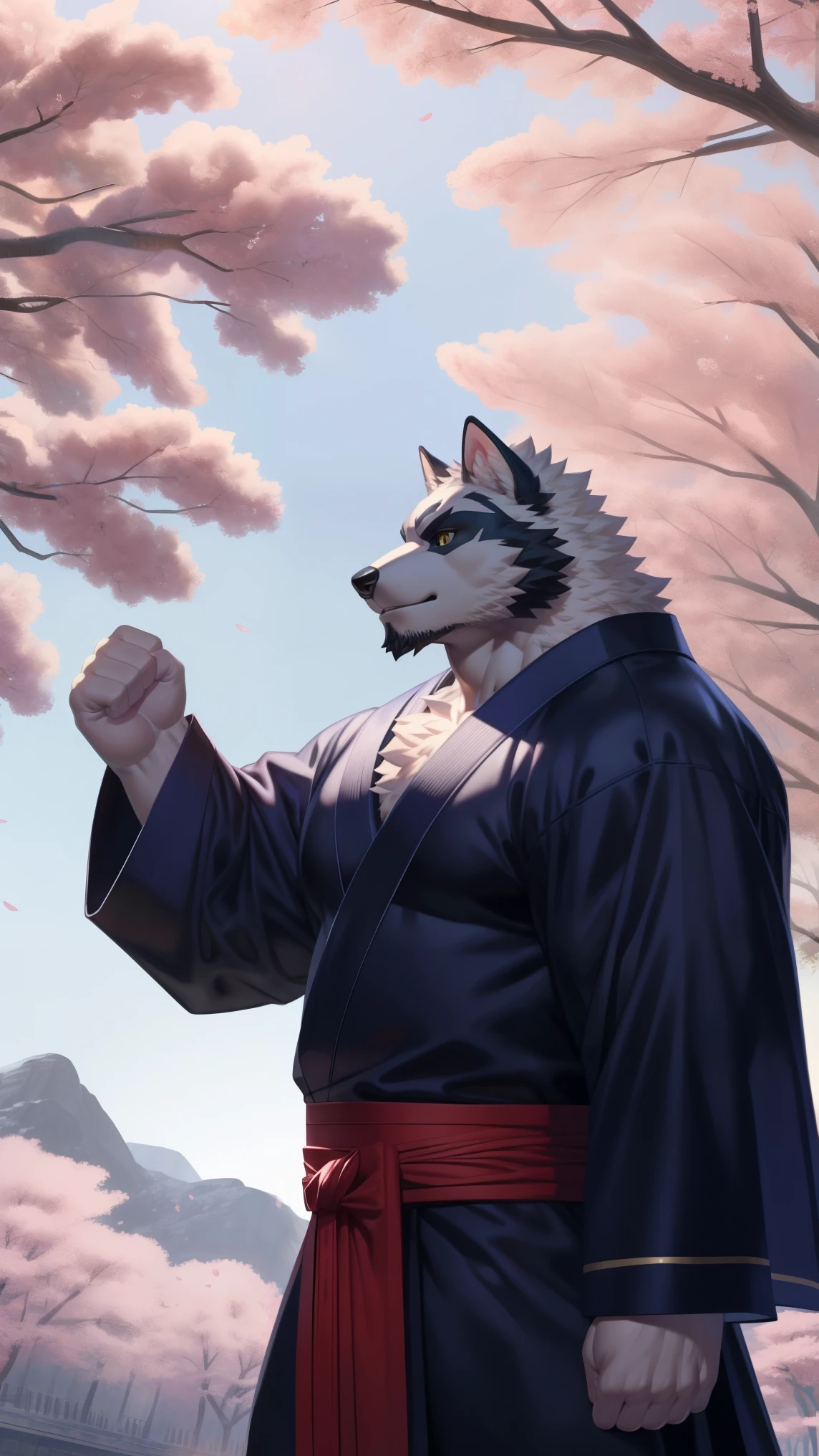 Solitary, anthropology, hairy, hairy male, Wolf, ((Fluffy fur, Fluffy, hairy body)), (Wolf印), (black beard), middle aged, Gray body, White belly, muscular, White, Big muscles, Yellow eyes, Tail, deTailed teeth, deTailed face, Fundos,((Open it) Black Kimono),(Sword at waist):1.3, warrior, warrior刀, Japanese sword, deTailed Fluffy fur, deTailed face, Fantasy Castle Venue, look up to the sky, majestic, barbarous, confident, Strong, Cherry blossoms, Cherry blossoms 花朵 叶子, (through empty ghost, From raccoon21, masterpiece, high quality, high resolution,8k), permanent,Close-up portraits, outdoor, Dynamic poses, Looking at the audience, side view, fist