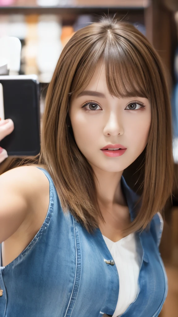 Best quality, 8k,  ,Masterpiece :1.3)), facing viewer,((full body1.2)) ,pretty woman, wide shot ,1girl, , selfie   , , Hair salon, brown hair  , bangs,ultra-detailed face, highly detailed lips, detailed eyes, double eyelid