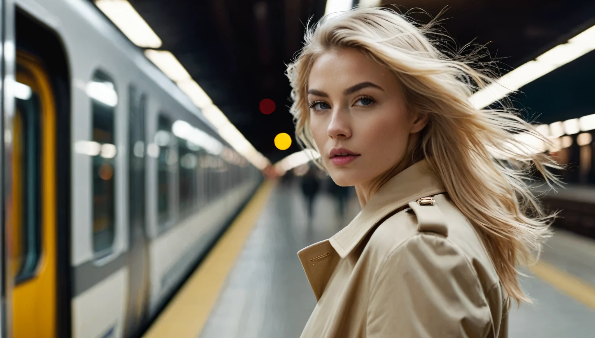 side view full body shot of A beautiful blonde stylish woman walking forward on a platform, a futuristic train in the background at the train station in a megacity at night and turning back to looking back to the viewer. She has (long wavy blonde hair blown in the wind), wearing beige colored coat with white blouse, Award - winning photograph, Masterpiece, 8k, ultra high res, hyper detailed, beautiful woman, perfect face, rule of thirds, highly detailed hair, ((detailed face)), ((detailed facial features)), (finely detailed skin), pale skin, intricate details, amazing fine detail, photorealistic, photograph, photorealism, rich colors, lifelike texture, neutral colors, Soft front light,cinematic lighting, dramatic lighting,dappled light on face, backlight on hair, sharp focus, wide angle, film grain, dslr, raw photo, photographed on Nikon