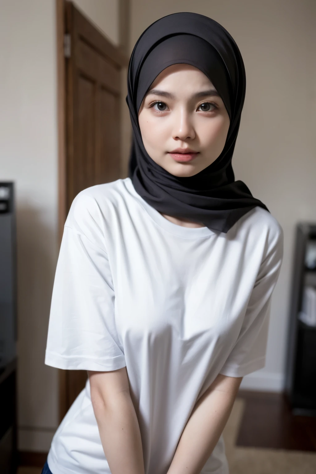 (((Wearing huge white t-shirt))), (((HIJAB MALAY GIRL))), masutepiece, High quality, UHD 32K, Realistic face, Realistic skin feeling , A Malay Lady, 48 years old, , Very cute and baby-like face, (((FLAT CHEST))), (MATRIX WORLD), ((look In front at the camera and SADNESS)), (((CUTE GIRL))), ((huge tits:1.5)), (((PANTIES))), HEAVY NIPPLES, from behind view, seductive pose, (Small face)