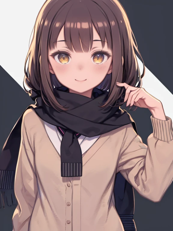 Style 11, 1 girl, alone, Brown Hair, heart, hair accessory, uniform, Side Mao Insult, smile, Looking at the audience, scarf, Upper Body, heart hair accessory, cardigan, Sailor collar, Sefuku, black Sailor collar, bangs, Yellow Eyes, Shut your mouth., Long Hair, Brown eyes, purple scarf, Striped background, clavicle, Striped, Polka dots, star (symbol)