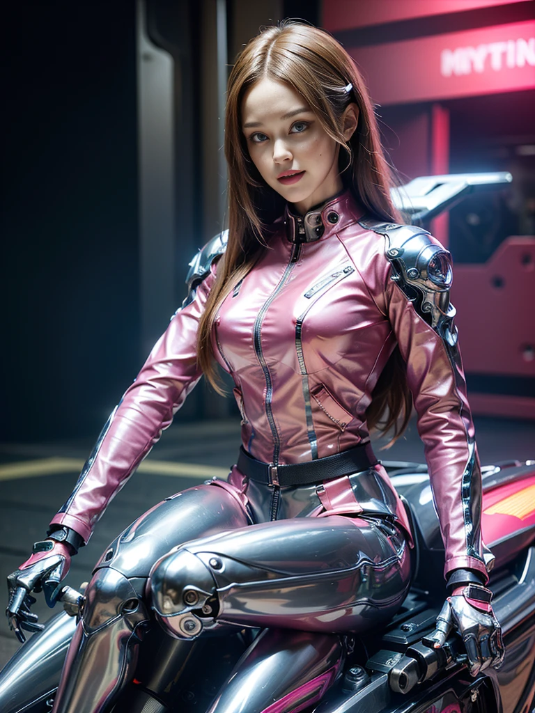 ((highest quality)), ((masterpiece)), ((Perfect Face))、((Detailed Motorcycle))、Detailed and clear photos、((Cyborg Woman))、((Pink long sleeve riding jacket and leather pants))、((Riding on motorcycle))、((cybernetics))、Slender body、((Woman with a mechanical body))、Communication Headset、(((Steel Fingers)))、(((The body is mechanized)))、Full Body Shot、The background is a futuristic city、smile