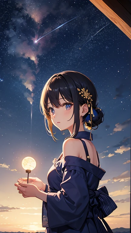 Landscape Photography、wallpaper、Starry Sky、Meteorilky way、Yukata Girls、Off the shoulder