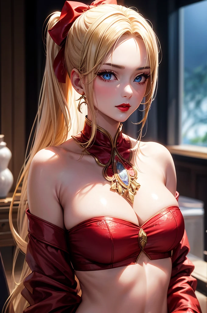 无与伦比的masterpiece, Ultra-realistic 8k CG, Perfect work of art, ((Perfect female image)), Mature woman, Slim waist, Tempting, Clean, Pretty Face, {Very pretty beautiful girl} , 8k wallpaper, {{{masterpiece}} }, 1 Girl, Blonde hair, blue eyes, Ponytail, , jewelry, Lips, Lipstick, Long hair, Look at the audience, cosmetic, Lips, red Lips, Simple background, Solitary, Upper Body, (Glowing skin),