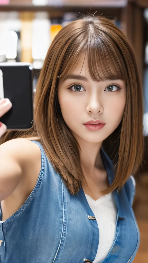 Best quality, 8k,  ,Masterpiece :1.3)), facing viewer,((full body1.2)) ,pretty woman, wide shot ,1girl, , selfie   , , Hair salon, brown hair  , bangs,ultra-detailed face, highly detailed lips, detailed eyes, double eyelid