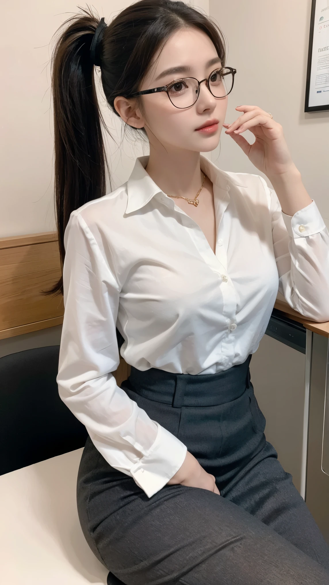 ((best quality)), ((masterpiece)), (detailed), perfect face, pretty face, beautiful female, beautiful body, perfect body, ponytail, glasses, sit on the chair, at the office, secretary, unbuttoned blouse