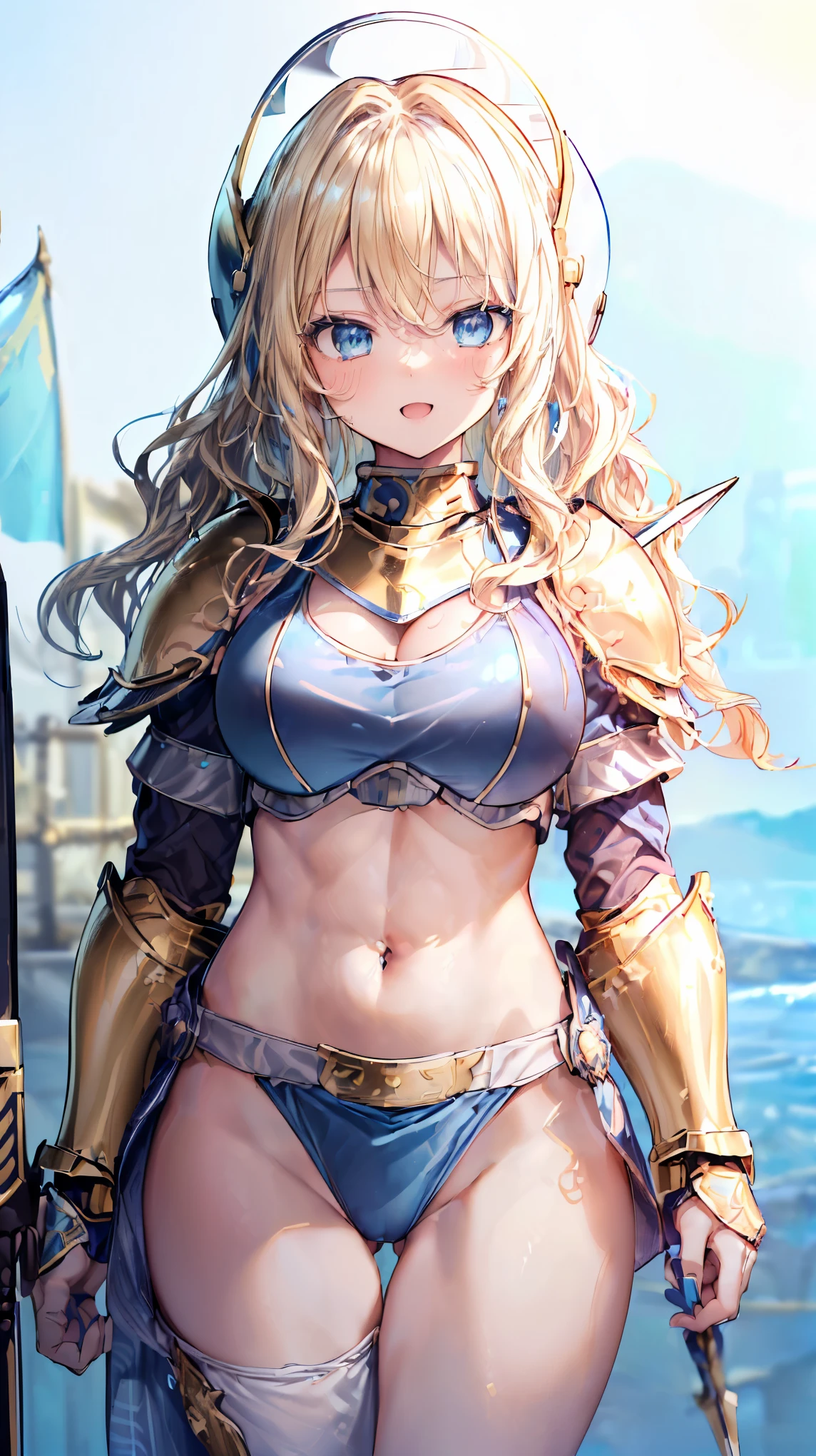 Very detailed、highest quality、(Best image quality:1.5)、(masterpiece:1.5)、8k、Anime Face、A kind smile、Open Mouth、(Beautiful bright blue eyes:1.5)、(Blonde wavy hair:1.5)、Muscles of the whole body、(Thigh belt:1.3)、(She is wearing bikini armor with gold armor and white fabric.:1.5)、(Cowboy Shot:1.6)、(Wearing a helmet:1.5)、(Holding a spear:1.5)、Warm lighting