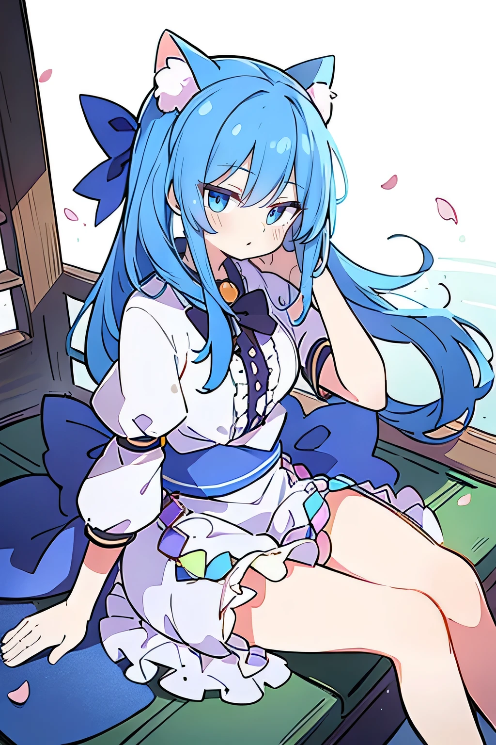 (masterpiece:1.2),ultra-detailed,realistic,expressive eyes,fair-skinned,perfectly shaped face,1girl,
Japanese cartoons,Gorgeous blue hair, flowing blue hair,floating clothes,cat ears,petals falling,beautiful Lola,Hina Angel,
hands on waist,gracefully sitting on the ground,legs crossed,gentle and serene background,cool and comfortable pavilion,smile.