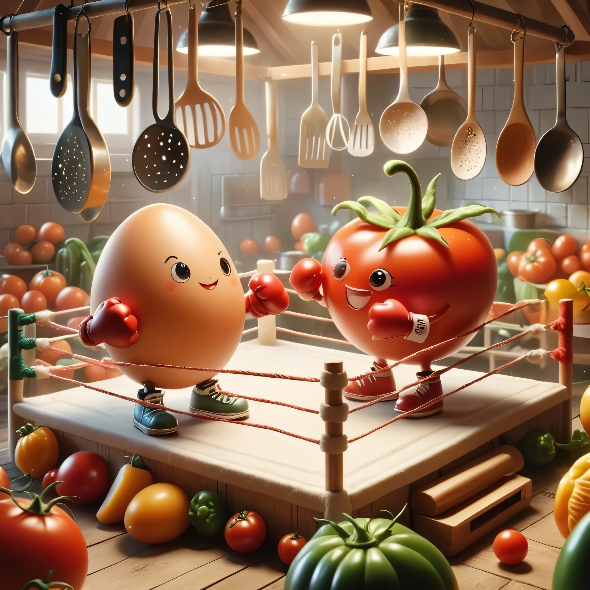 Imagine a whimsical scene where a charming egg and a plump tomato stand in a boxing ring, poised for a friendly bout. The egg, sporting miniature gloves and a determined smile, faces its opponent, the tomato, which wears its own set of gloves, its stem resembling a jaunty little hat. The ring is set in a kitchen-like arena, with utensils hanging on the walls and an audience of various fruits and vegetables cheering with childlike enthusiasm. The colors are vibrant and cartoonish, with exaggerated expressions and movements that capture the innocence of childhood and the spirit of camaraderie. The entire composition is lively and animated, as if the egg and tomato are not just food items, but beloved characters in their own right, engaging in a playful spar that symbolizes their unique friendship.