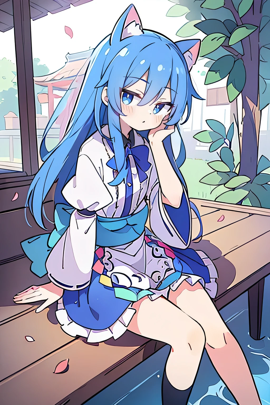 (masterpiece:1.2),ultra-detailed,realistic,expressive eyes,fair-skinned,perfectly shaped face,1girl,
Japanese cartoons,Gorgeous blue hair, flowing blue hair,floating clothes,cat ears,petals falling,beautiful Lola,Hina Angel,
hands on waist,gracefully sitting on the ground,legs crossed,gentle and serene background,cool and comfortable pavilion,smile.