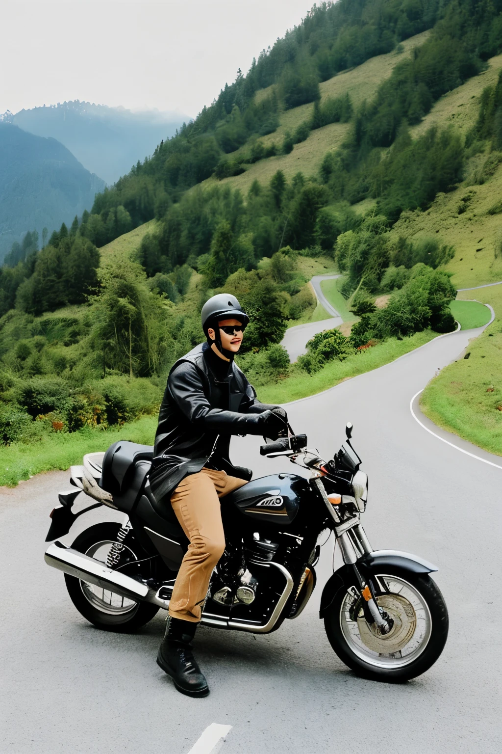A cool guy touring a mountain road on a motorcycle