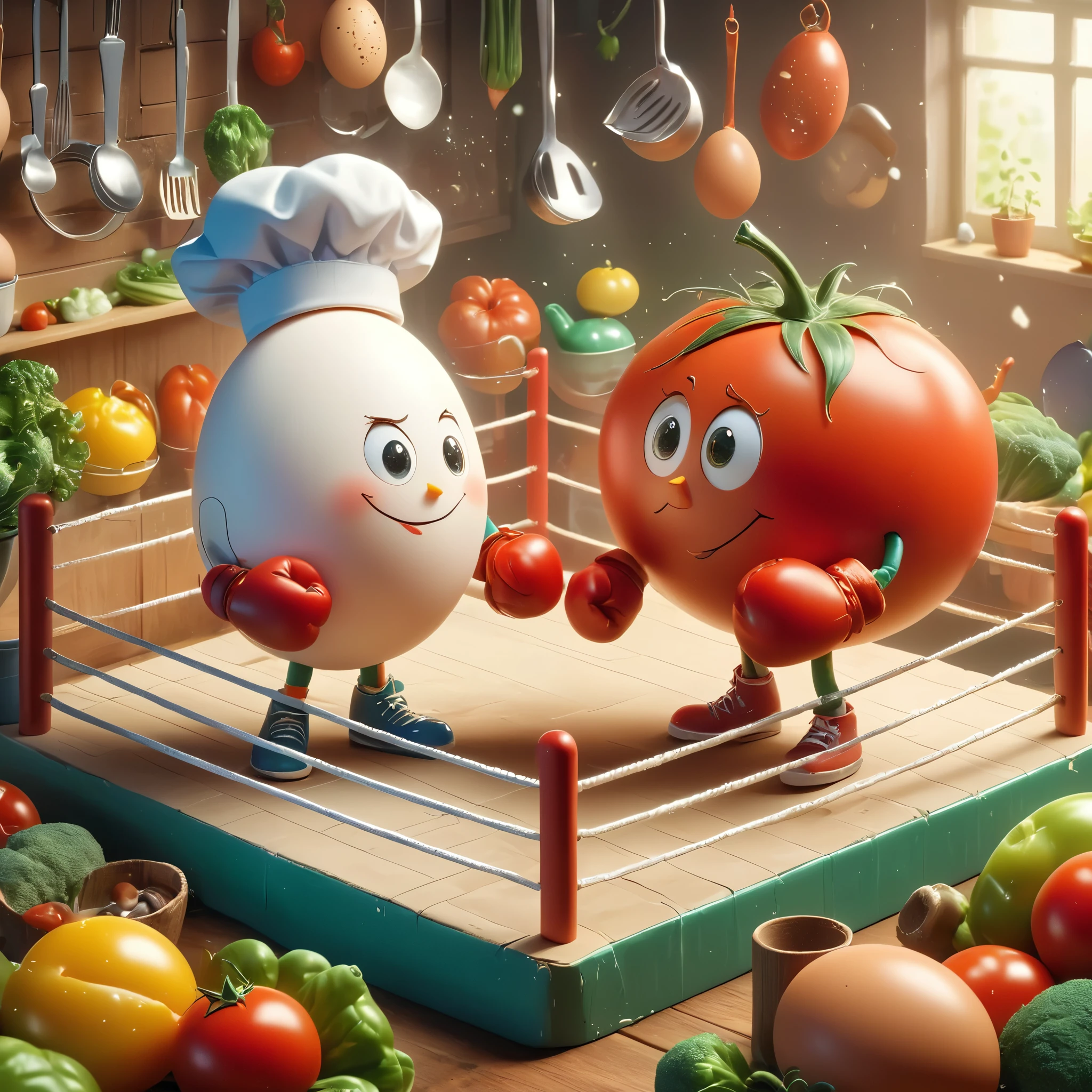 Imagine a whimsical scene where a charming egg and a plump tomato stand in a boxing ring, poised for a friendly bout. The egg, sporting miniature gloves and a determined smile, faces its opponent, the tomato, which wears its own set of gloves, its stem resembling a jaunty little hat. The ring is set in a kitchen-like arena, with utensils hanging on the walls and an audience of various fruits and vegetables cheering with childlike enthusiasm. The colors are vibrant and cartoonish, with exaggerated expressions and movements that capture the innocence of childhood and the spirit of camaraderie. The entire composition is lively and animated, as if the egg and tomato are not just food items, but beloved characters in their own right, engaging in a playful spar that symbolizes their unique friendship.