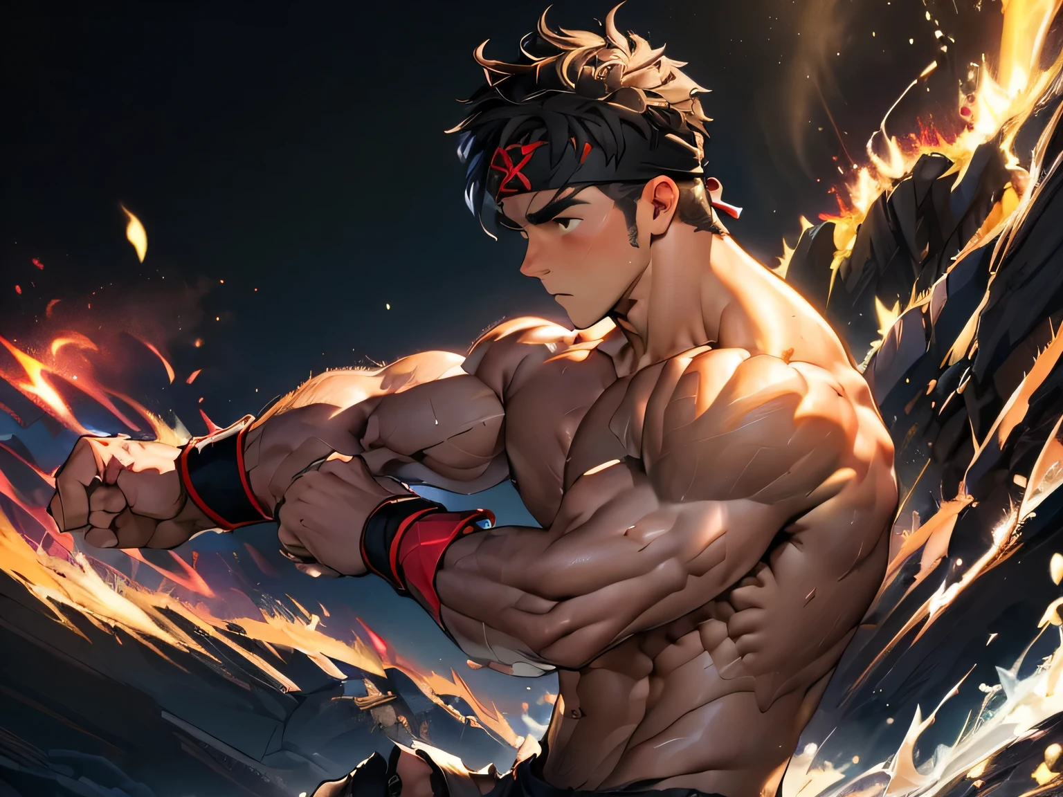 (Masterpiece, Best quality 19 year old boy, black background, bust shot, shoot from side, looking away), solo, Young, boy, muscler, Shirtless, topless, (Dark Short straight hair, under cut, brown eyes), (torn clothes, red headband, ((black wristband))), Vivid colors, (hot Abs:1.2, abs!, big abs, big breast:1.2, chest!, muscler upper arms), (topless male), muscler!, muscler, muscler body, (aura power:1.4), detailed face, detailed muscle, (((A magical mystical aura, rippling muscles, fighting pose, running)))