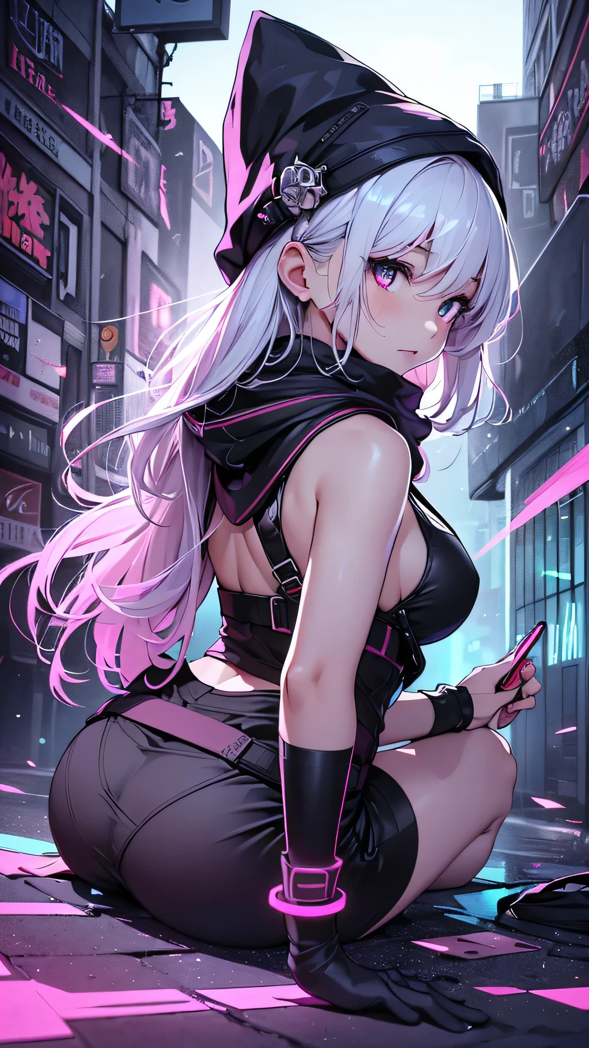 最high quality、Best image quality、masterpiece、girl((18-year-old、 By becoming、Best Bust、Medium Bust,Wide open breast tea、Red glowing eyes,Silver Hair、Disheveled Hair、Long Hair、thin,The highest valley、Open chest、Luminous Wristbands、hat、hair ornaments、luminous necklace、Black sleeveless hoodie(1:2)、Blue short skirt、Disheveled clothing、Show the whole body,Low - Angle、Hacker-like、sweating、lure、Black cute mask、Leaning against a wall、Black scarf、Have a smartphone、Back view、Accentuate your butt、On all fours)),high quality、Beautiful art、background((Neon Light、Neon interior at night))、Flight、Flying debris、Written boundary depth、movie、Visual Arts、Perfect art、8K,Genuine,