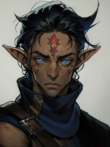 Concept ART, Human Male Young ager , pointer Elf ears,face Tattoo , blue pupils  ,Black hair , red Torn Scarf , Bandage ,Ancient dark magic , Handsome guy , animal pose