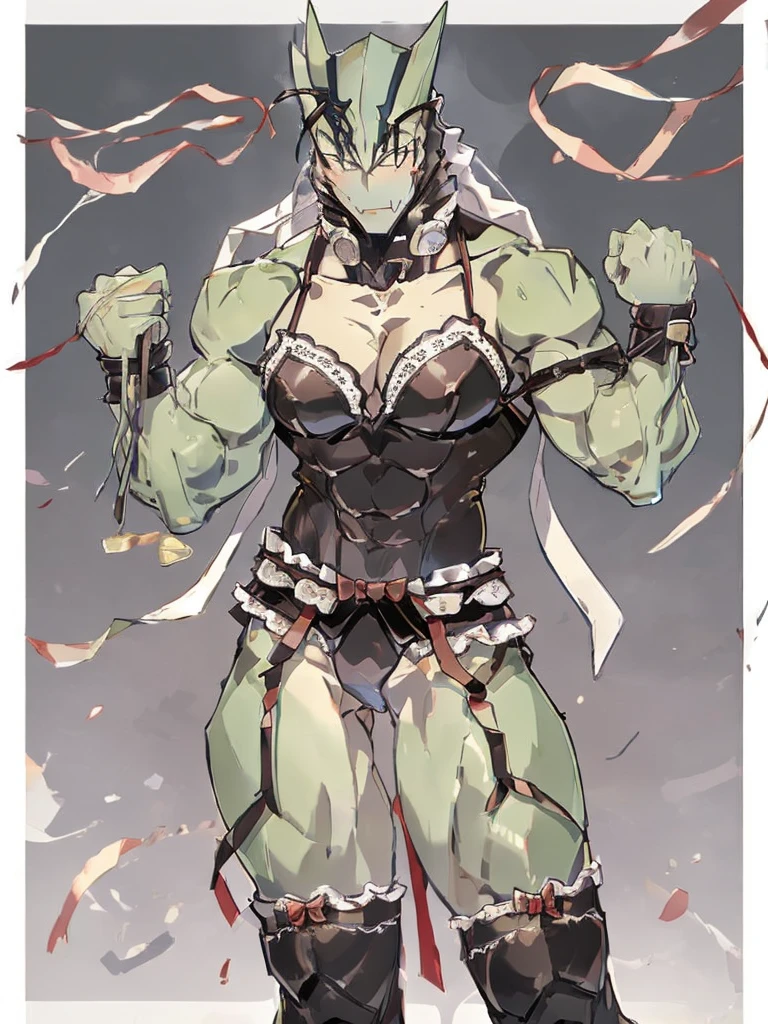 one person、Strong adult man、Green Skin、Exact finger count、Exact number of legs、Exact number of arms、Revealing white lace underwear、garter belt、Knee-high socks、High heel pumps、bra with ribbon、Frontal full body illustration、Sexy pose
