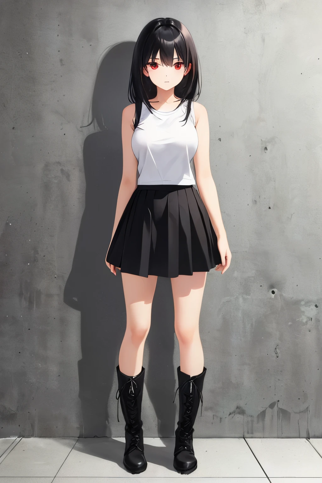 Standing posture, boots, Girl in sleeveless shirt standing confidently, Black Hair, Medium Hair, Black Skirt, Red eyes, whole body, Tight fit